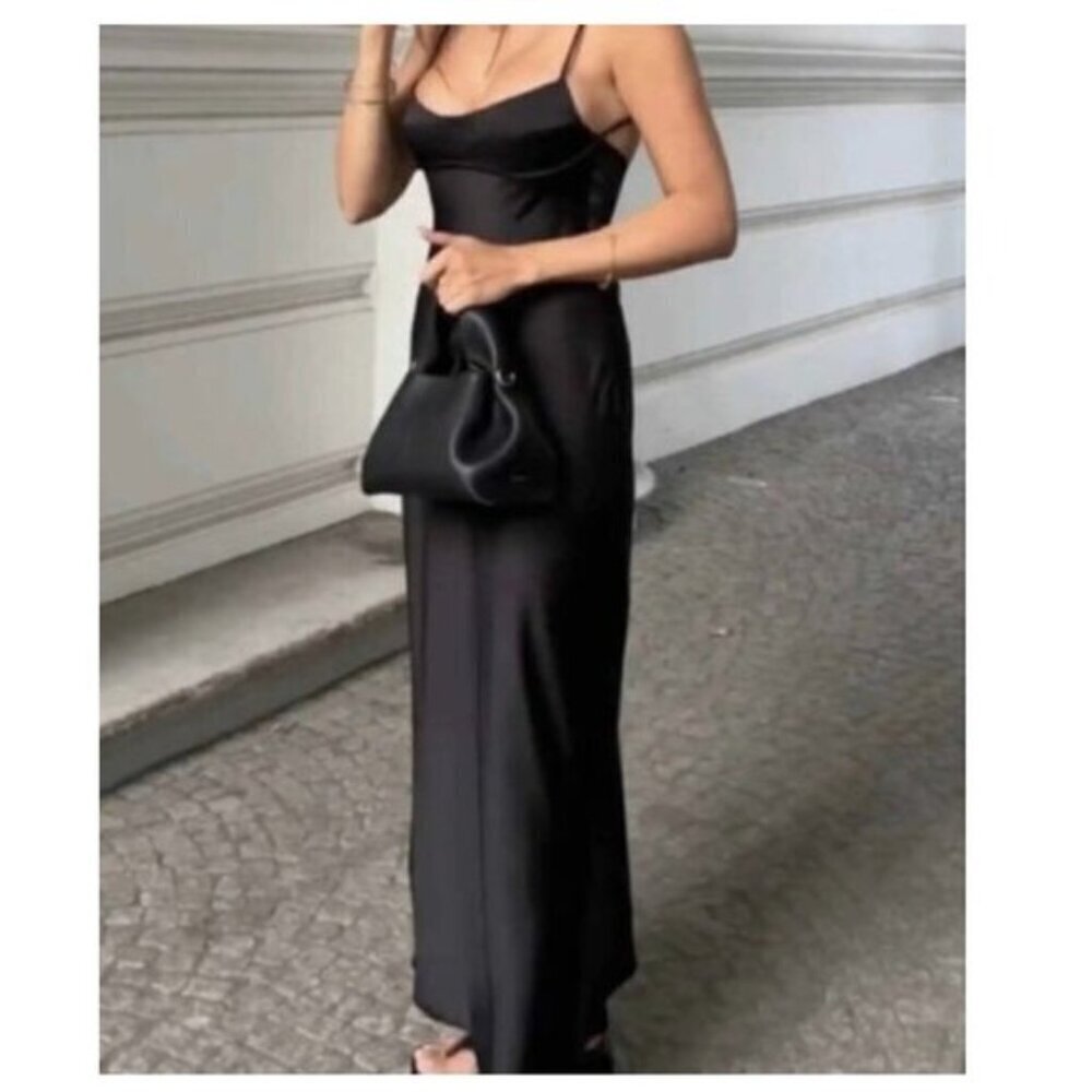 New Zara Satin Effect Cut Out Open Back Slip Black Tik Tok Viral Dress Small